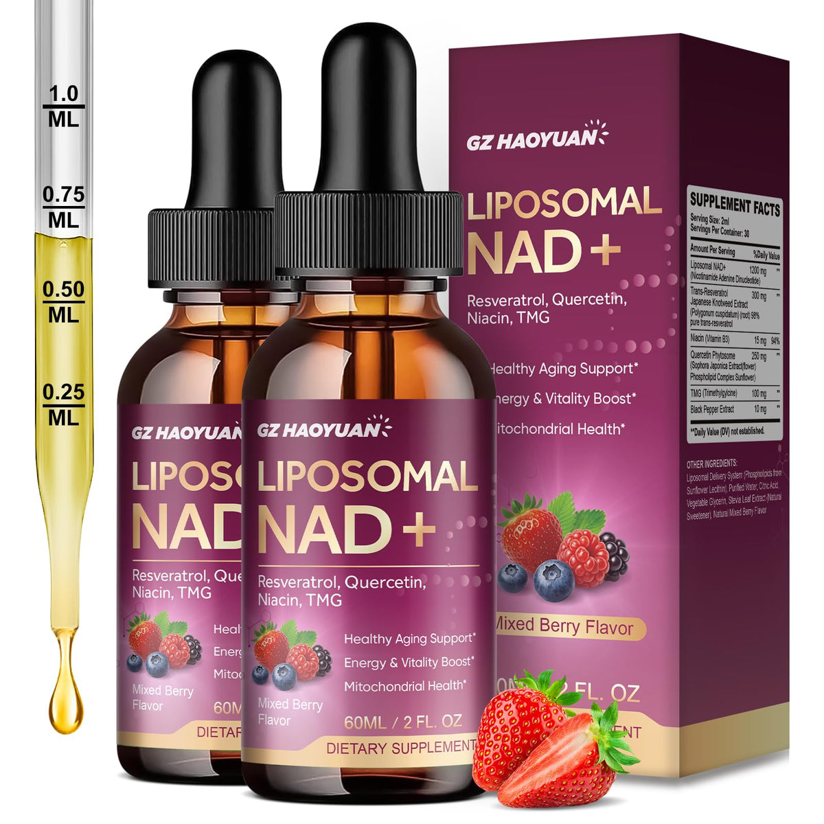 GZ HAOYUAN Complément Alimentaire NAD+ 1200mg Liquide vue avant