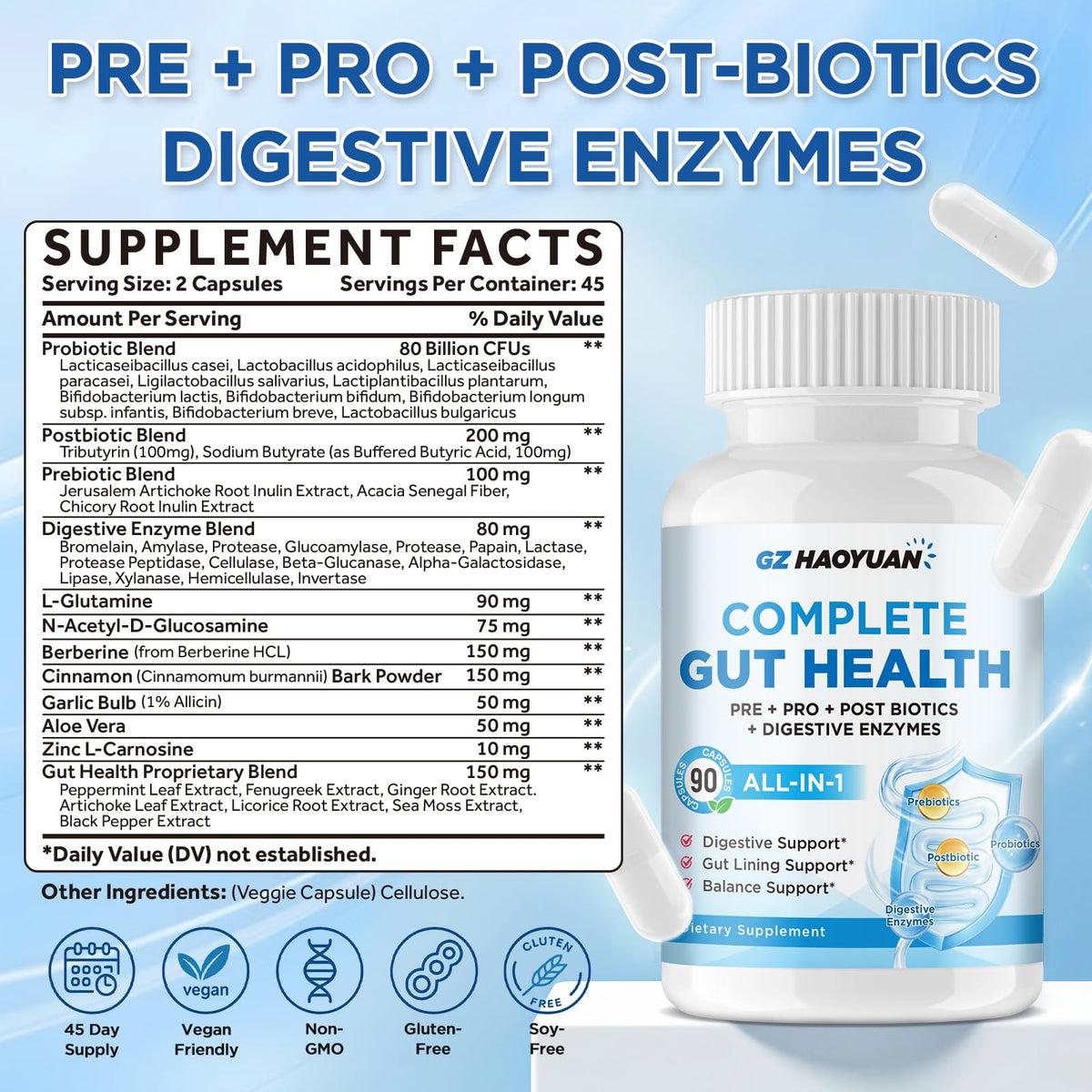 GZ HAOYUAN Complément Alimentaire Santé Intestinale 90 Capsules étiquette