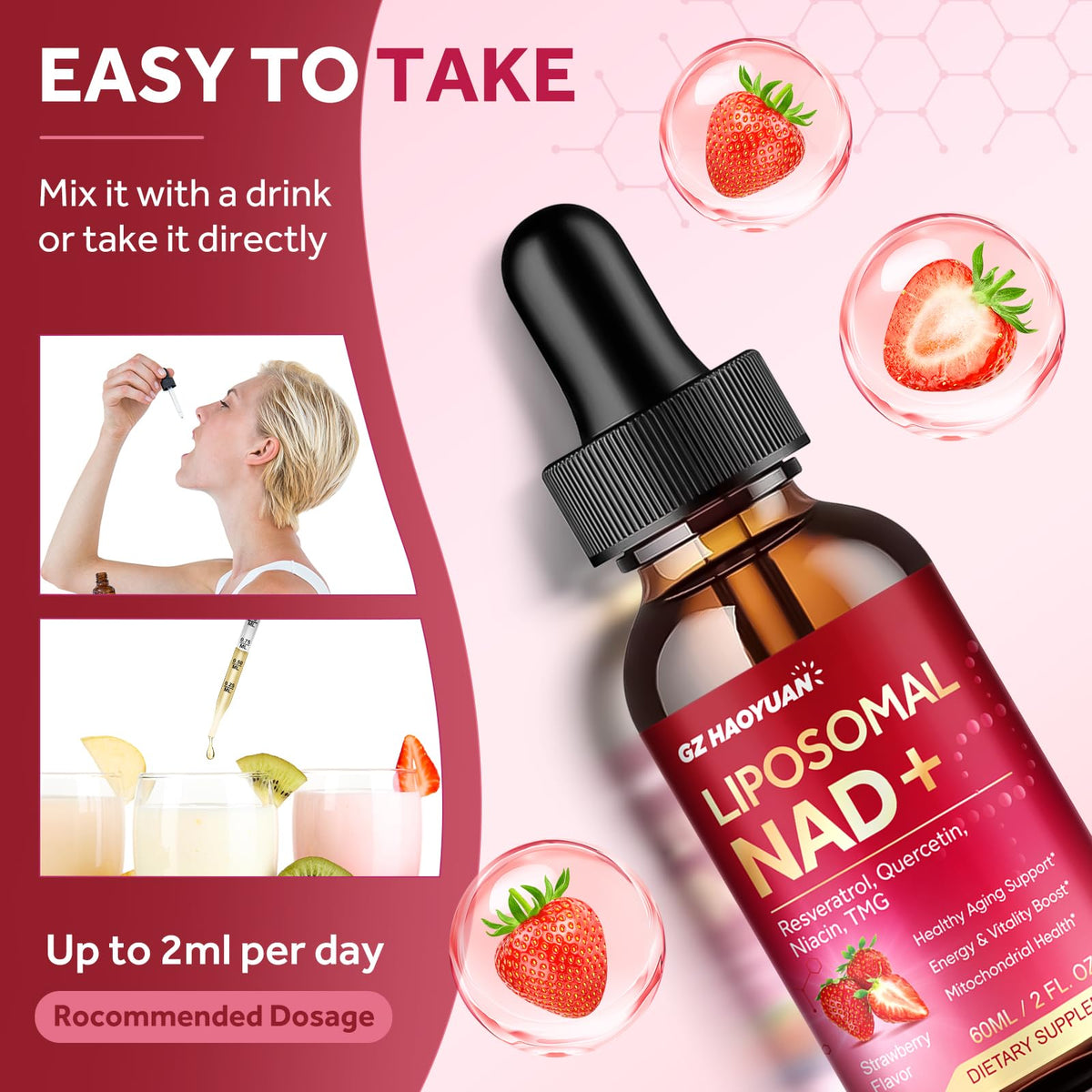 GZ HAOYUAN Complément NAD Liposomal 1200mg sur une table avec des ingrédients
