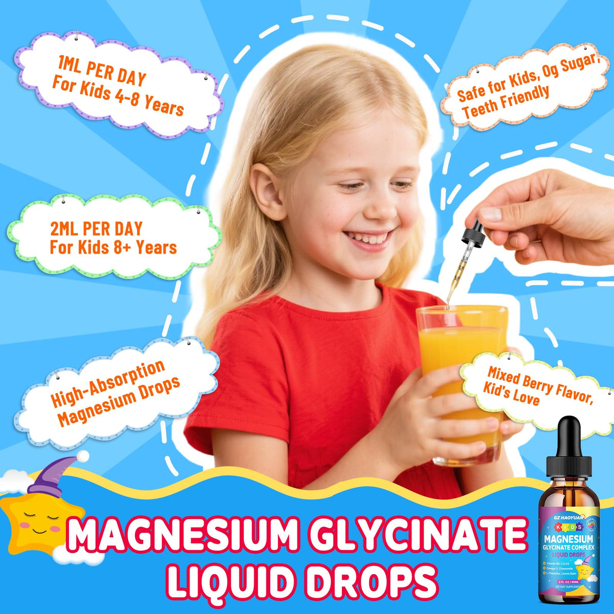 GZ HAOYUAN Gouttes de Magnésium Glycinate pour Enfants avec étiquette des ingrédients