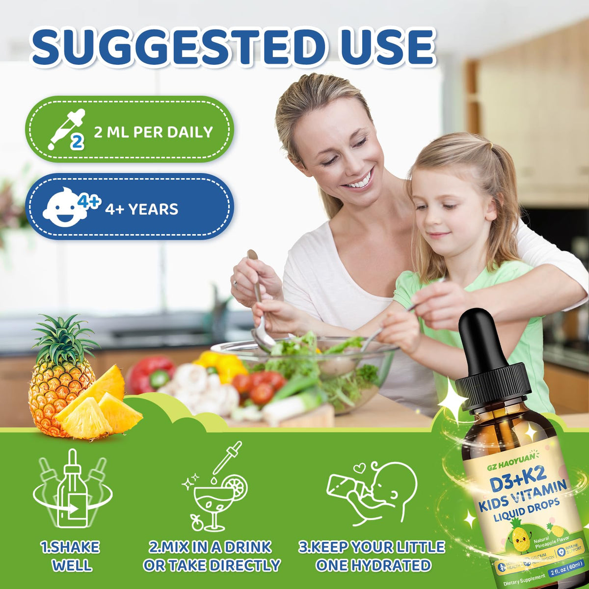GZ HAOYUAN Gouttes de Vitamine D3 K2 60 ml, bouteille sur une table