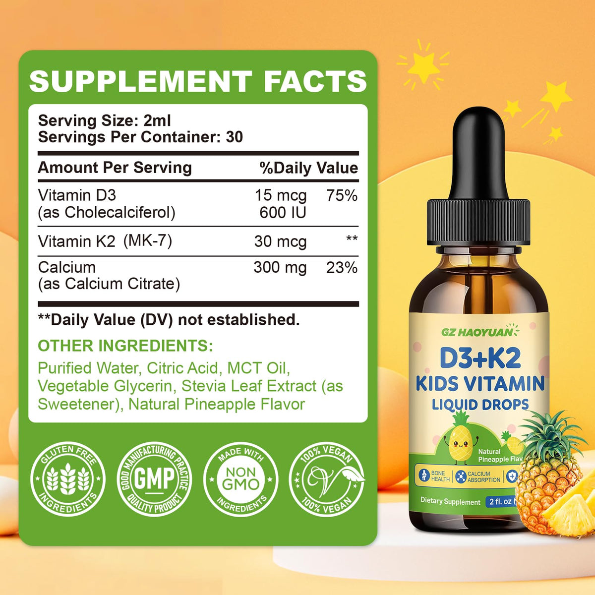 GZ HAOYUAN Gouttes de Vitamine D3 K2 60 ml, présentation avec fruits