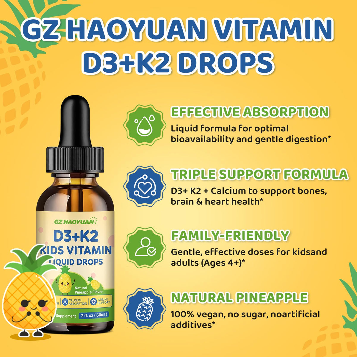 GZ HAOYUAN Gouttes de Vitamine D3 K2 60 ml, vue de dessus de la bouteille