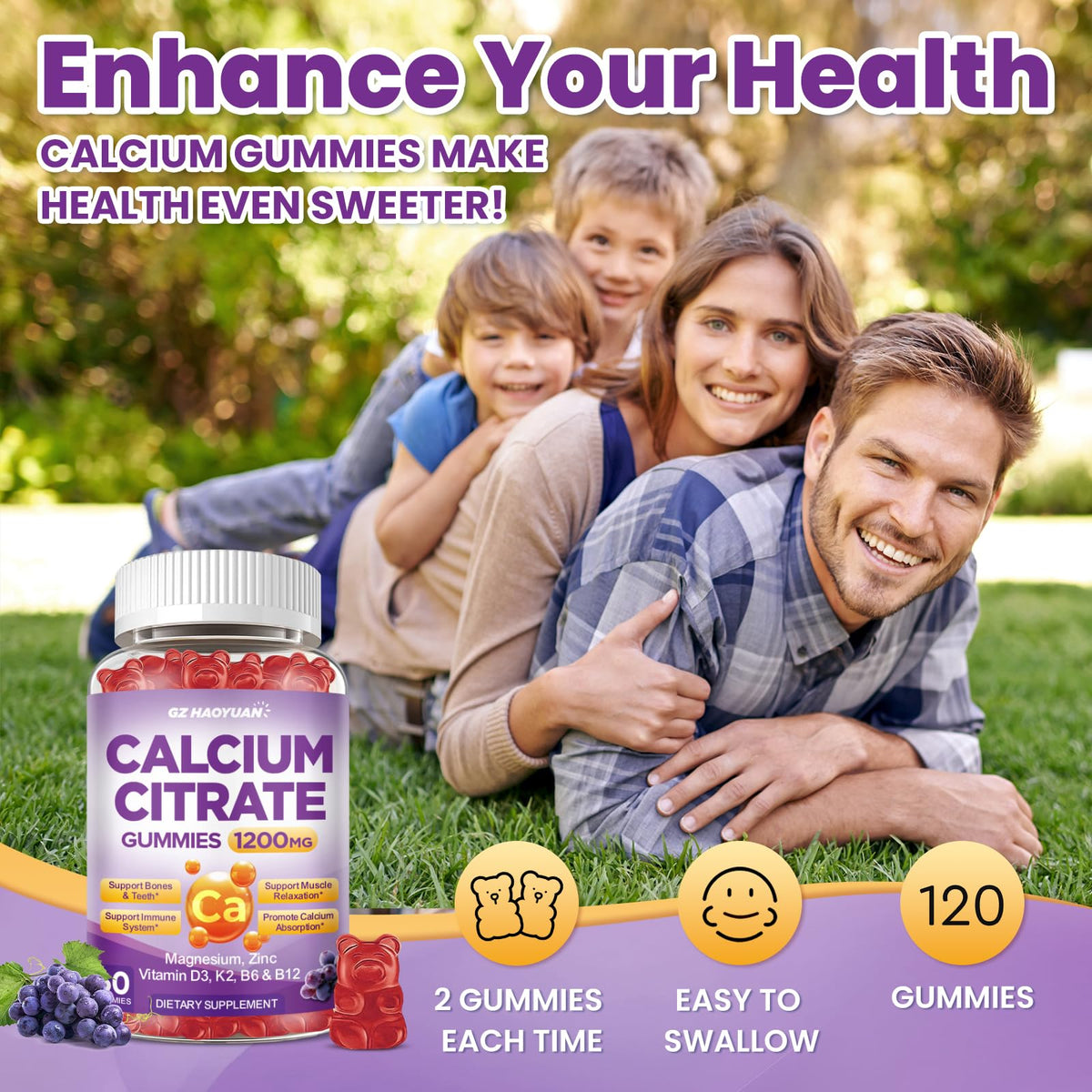 GZ HAOYUAN Gummies de Citrate de Calcium 1200mg sur fond blanc
