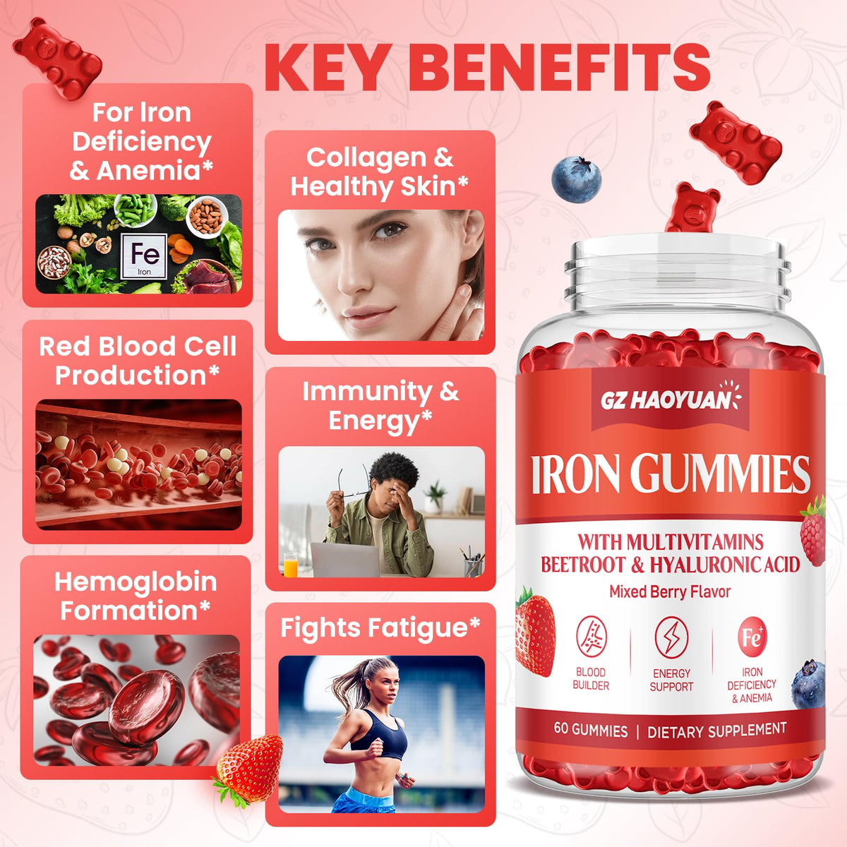 GZ HAOYUAN Gummies de Fer avec ingrédients listés
