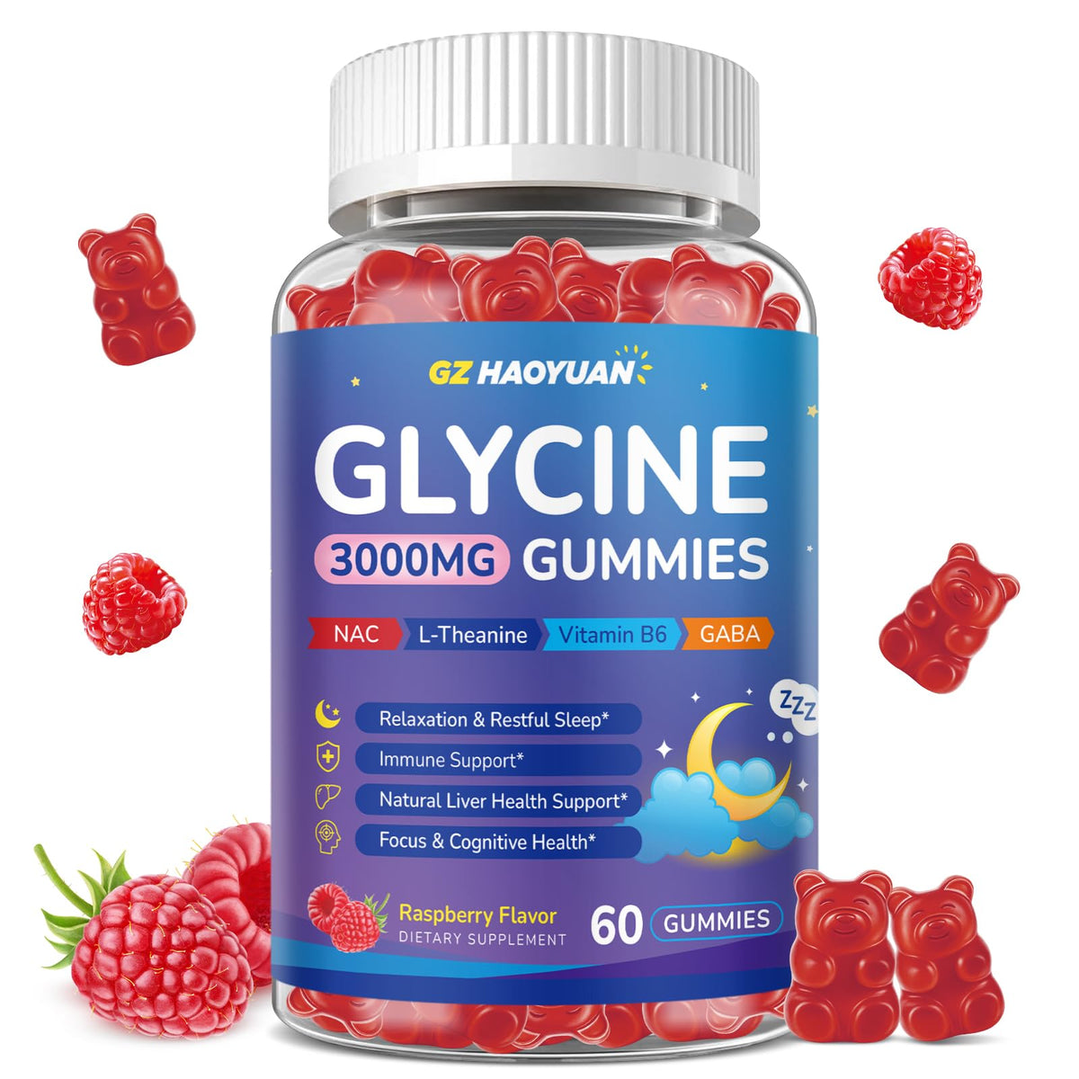 GZ HAOYUAN Gummies de Glycine 3000mg saveur fraise, 60 pièces