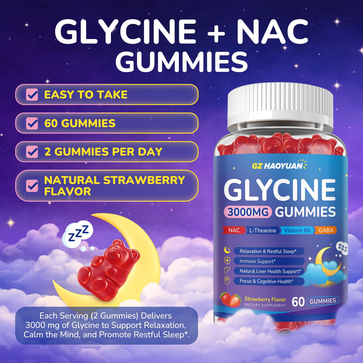 GZ HAOYUAN Gummies de Glycine 3g, gummies dans un bol