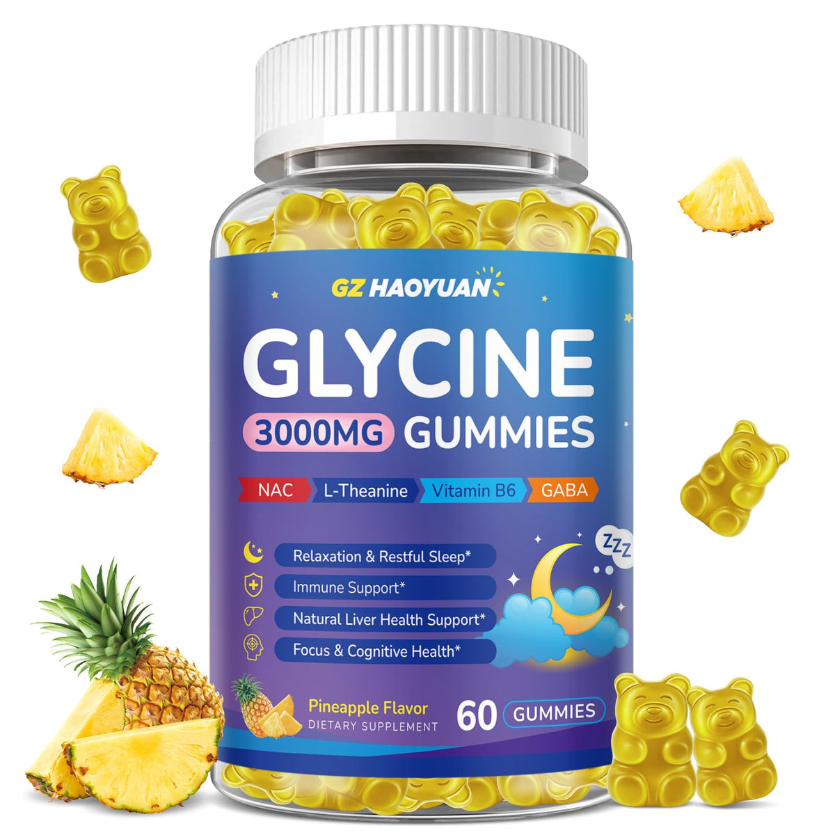 GZ HAOYUAN Gummies de Glycine 3g saveur ananas, 60 Ct