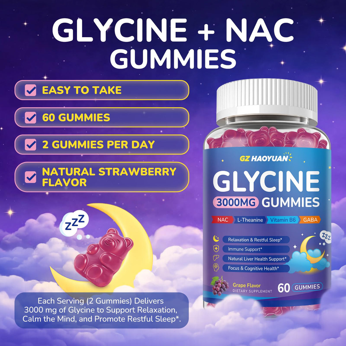 GZ HAOYUAN Gummies Glycine 3g avec un verre d'eau