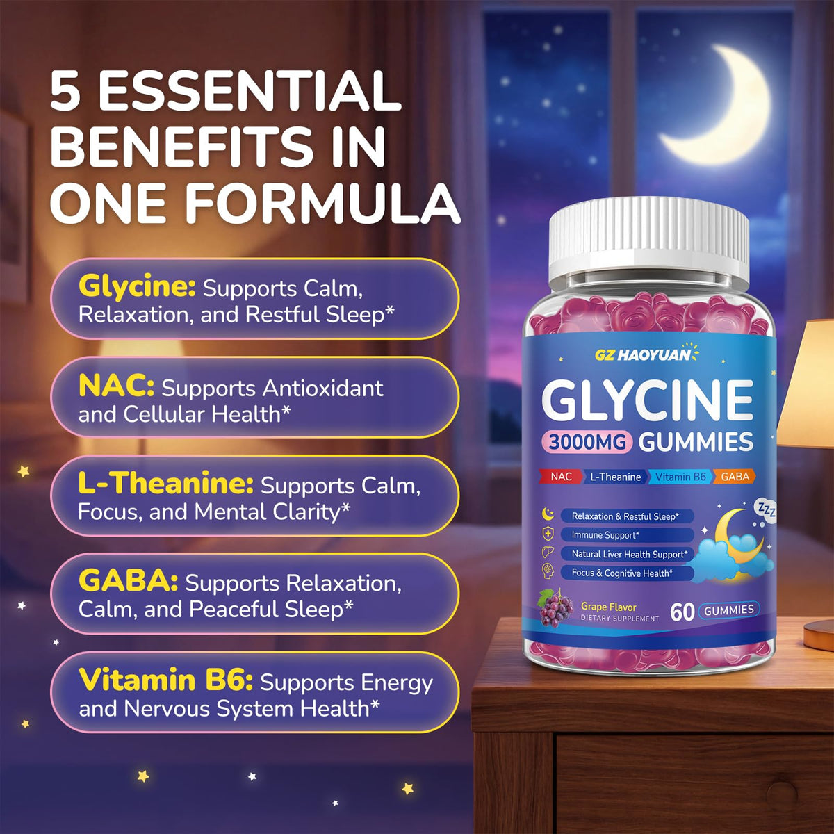 GZ HAOYUAN Gummies Glycine 3g vue de côté montrant la texture des gummies