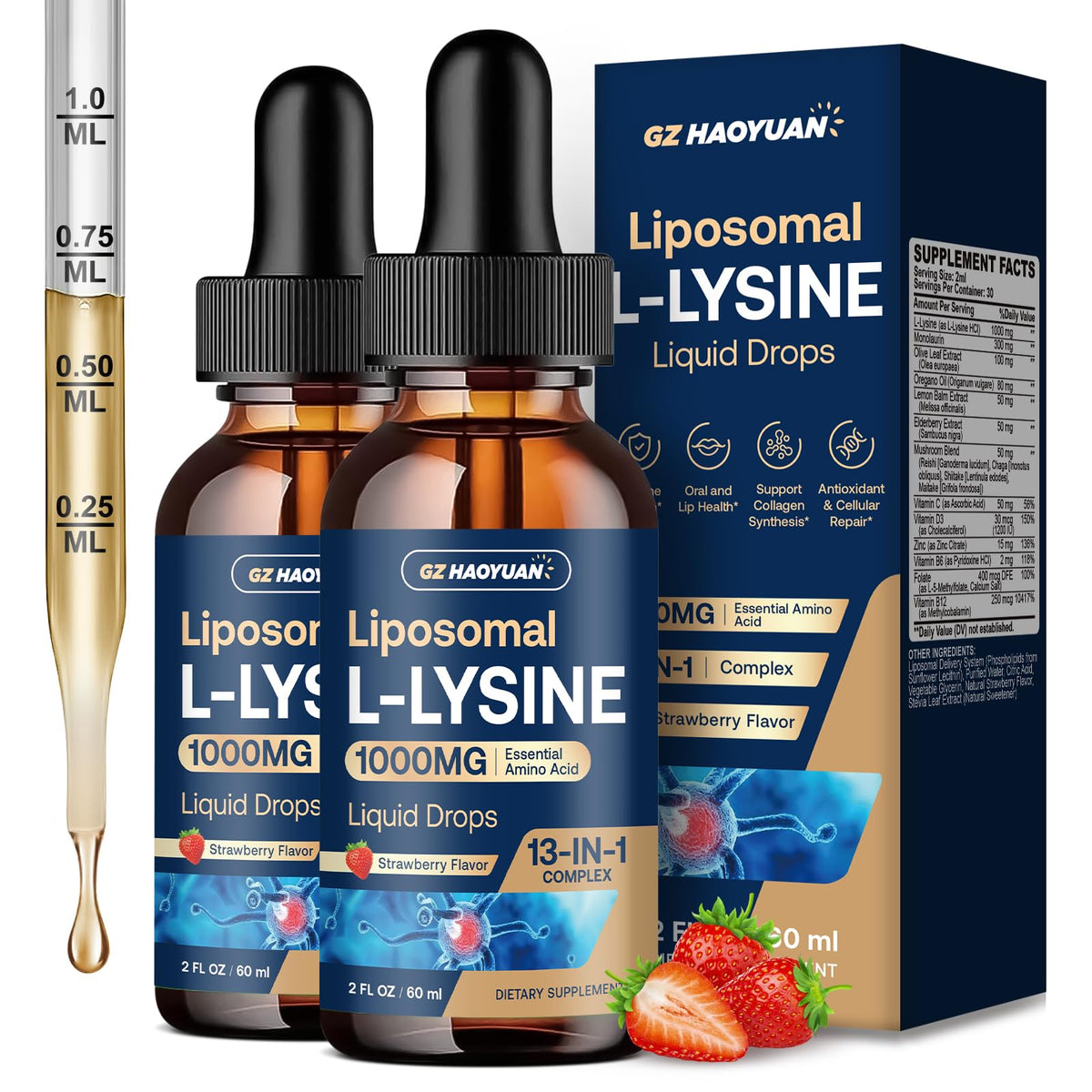 GZ HAOYUAN L-Lysine 1000mg gouttes liquides bouteille vue de face
