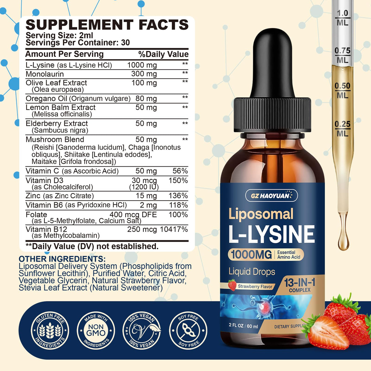 GZ HAOYUAN L-Lysine 1000MG Liquide Fraise flacon arrière