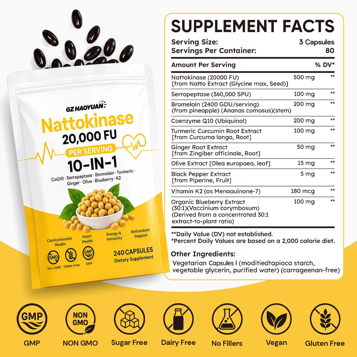 GZ HAOYUAN Nattokinase 20 000 FU gélules sur une surface