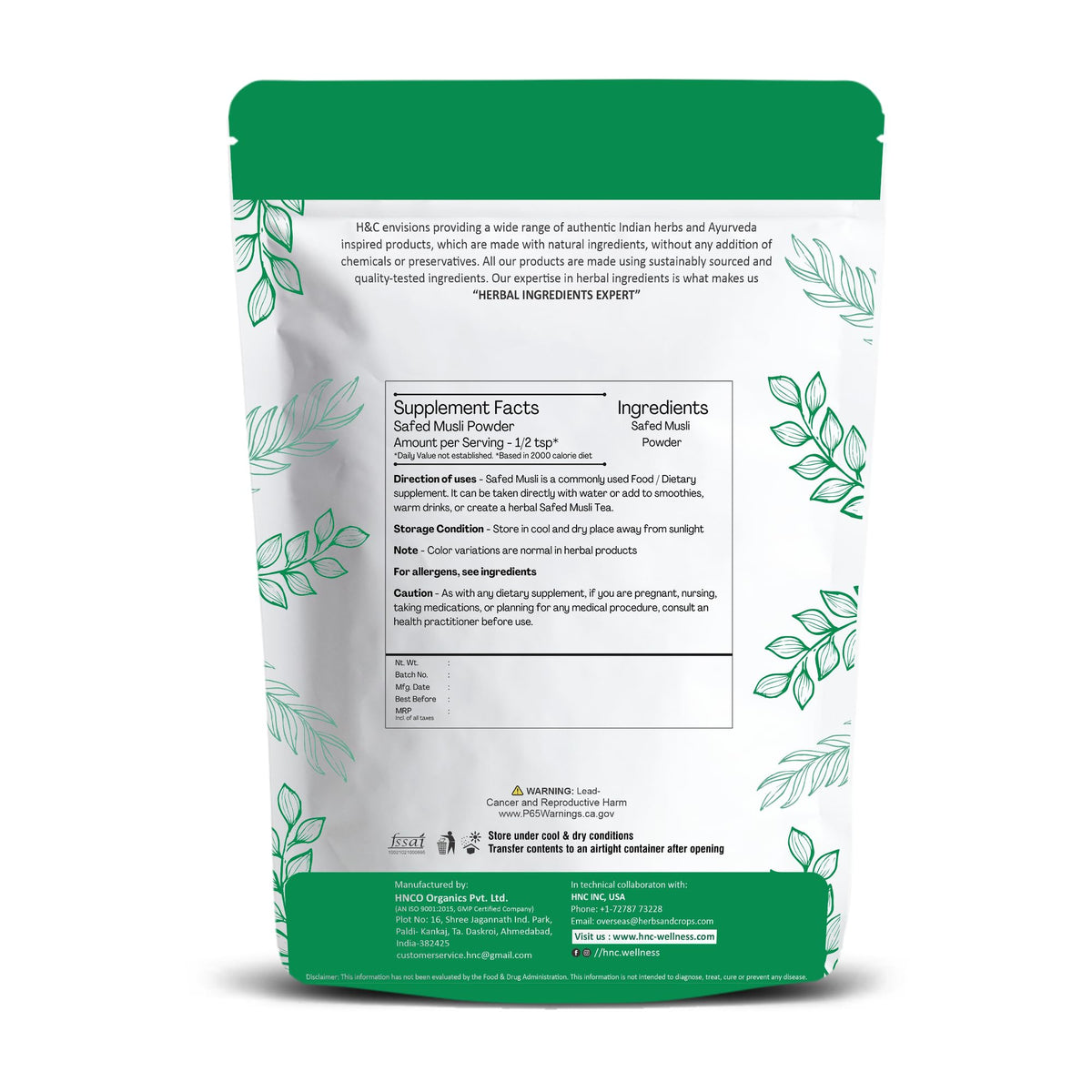 H&C Poudre de Safed Musli 100% naturelle 249 g emballage