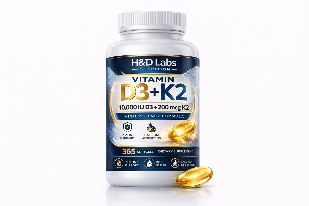 H&D Labs Nutrition D3 K2 10000 UI 365 capsules vue de face