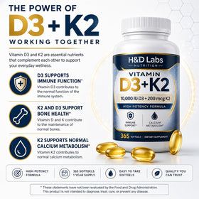 H&D Labs Nutrition D3 K2 10000 UI capsules sur une table