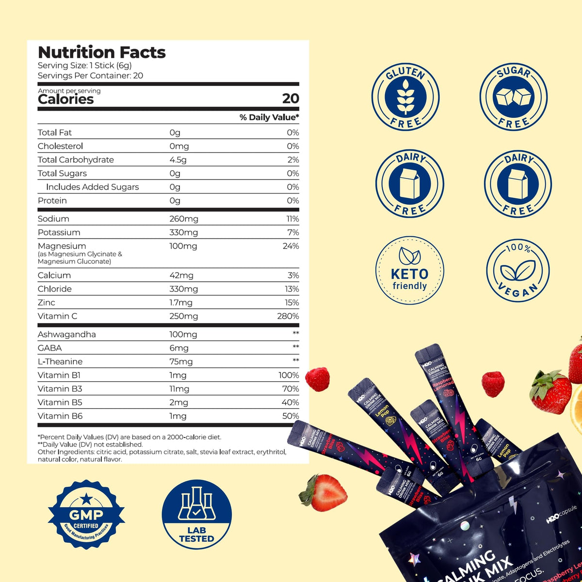 H2O Capsule Mélange Poudré de Magnésium Glycinate 150g - Citron, mélange dans une bouteille