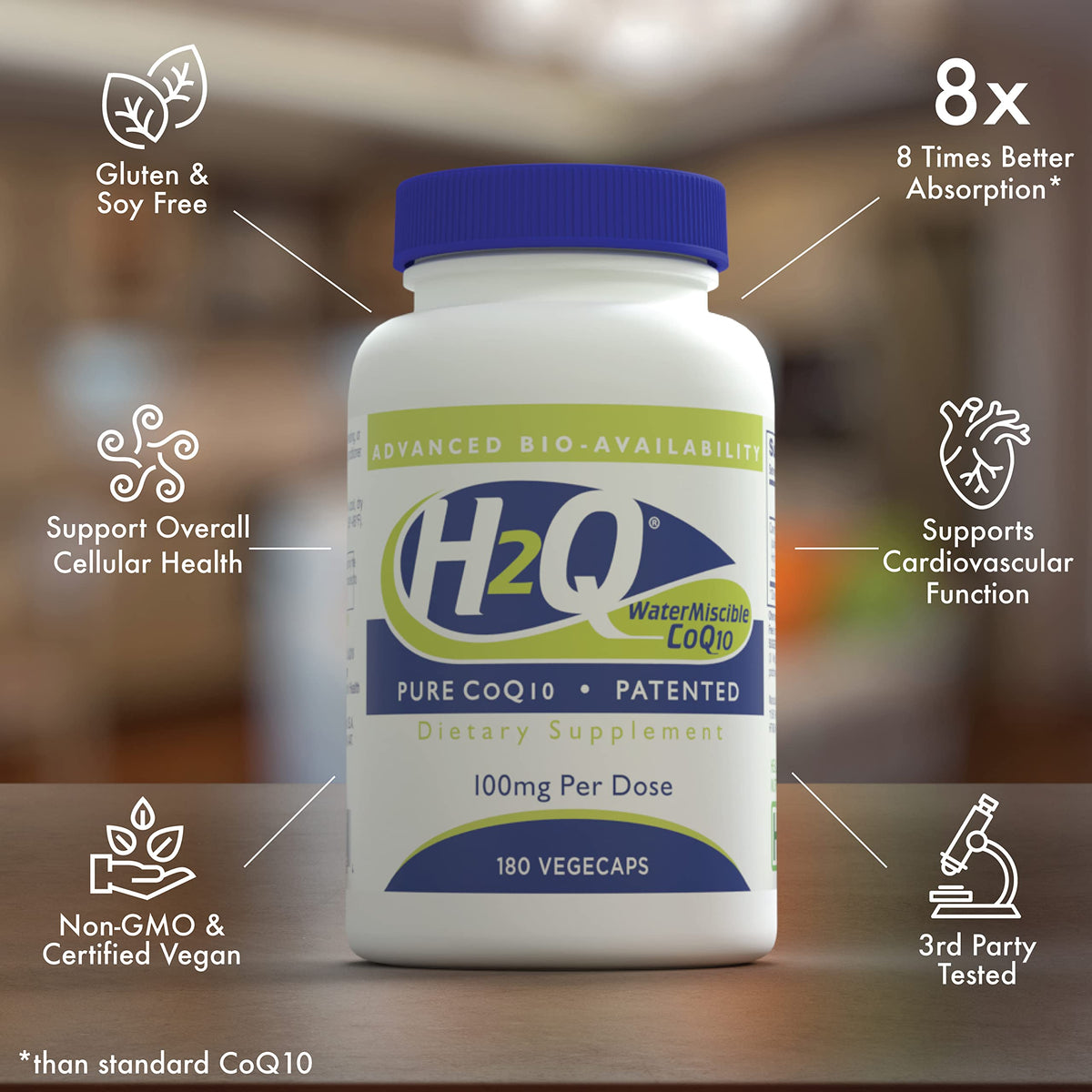 H2Q CoQ-10 capsules sur une surface