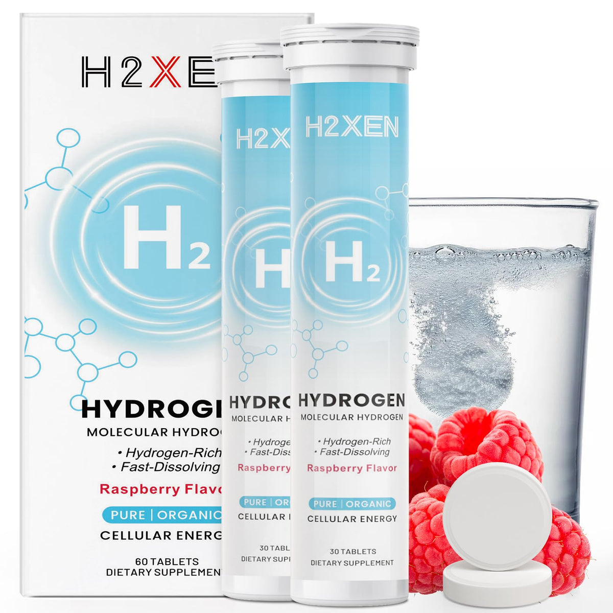 H2XEN Tablettes d'Hydrogène Moléculaire 60 Comprimés Saveur Framboise - vue de face