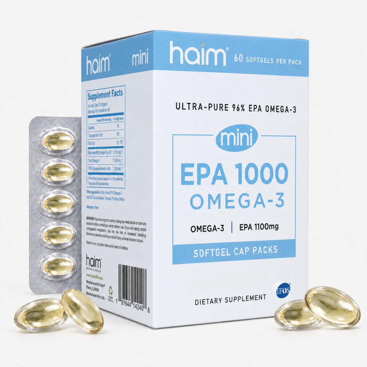 HAIM EPA1000 MINI Huile de Poisson 1000mg EPA 60 Capsules vue de face