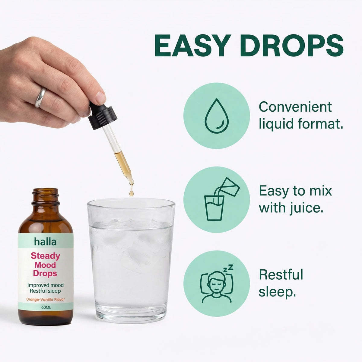 Halla Steady Mood Drops 60 ml avec arrière-plan naturel