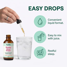 Halla Steady Mood Drops 60 ml avec arrière-plan naturel