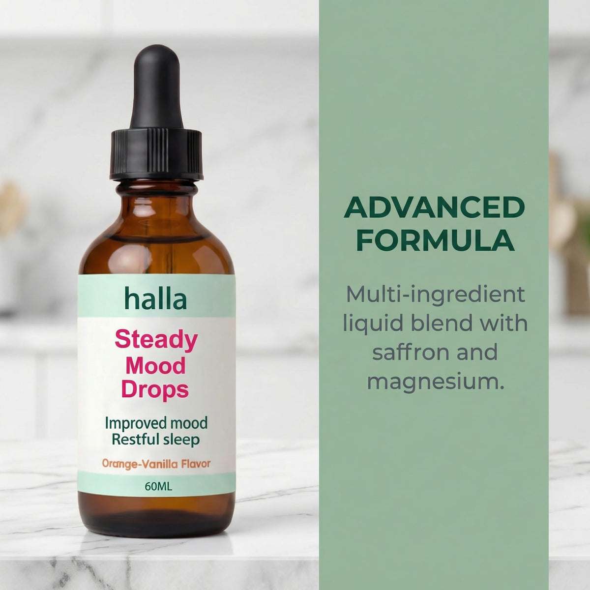 Halla Steady Mood Drops 60 ml avec étiquette et dosage