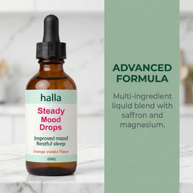 Halla Steady Mood Drops 60 ml avec étiquette et dosage