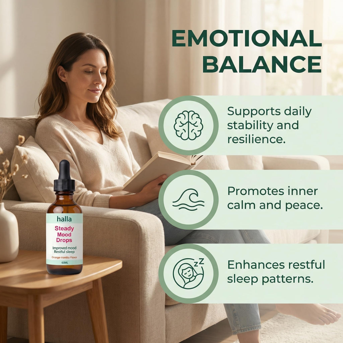 Halla Steady Mood Drops 60 ml sur une table avec des ingrédients