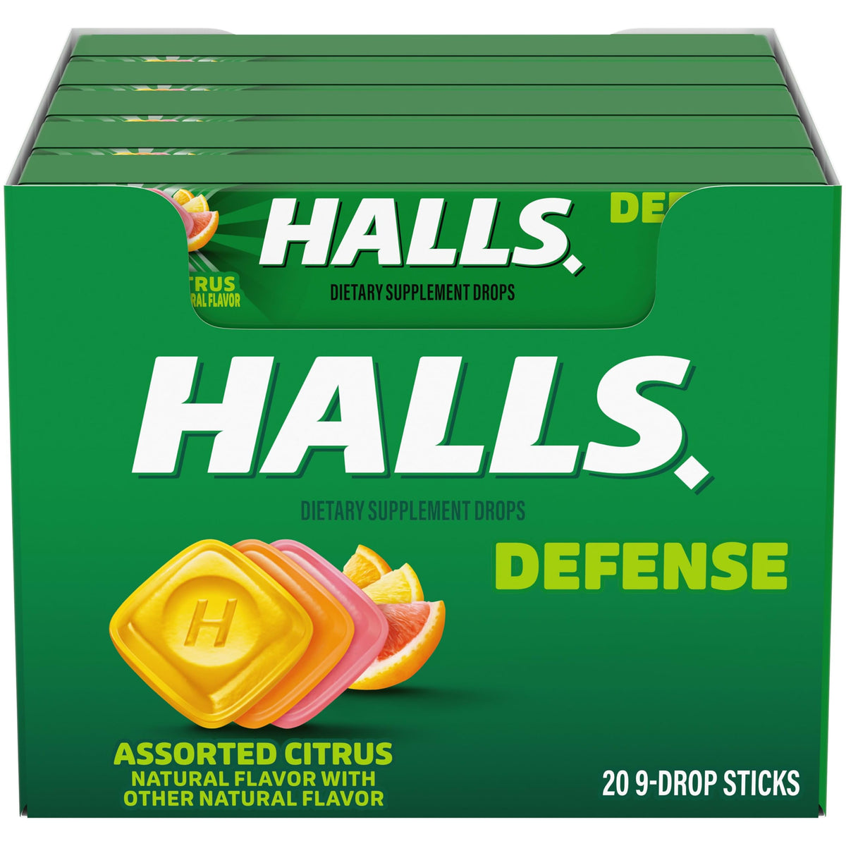 HALLS Bonbons au Citron Assortis, emballage avant avec 180 gouttes