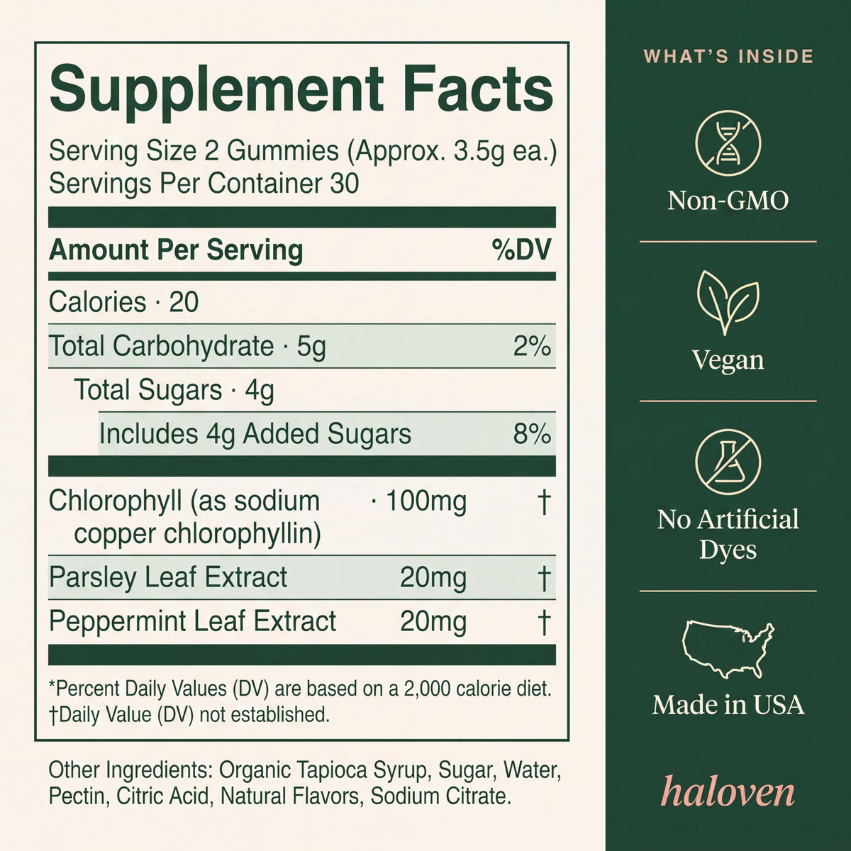 Haloven Gummies de Chlorophylle Menthe dans une main