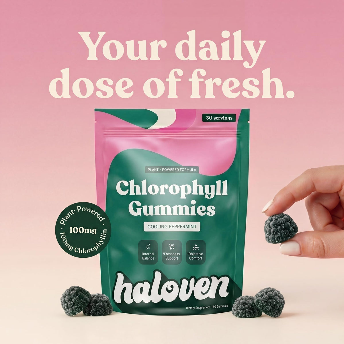 Haloven Gummies de Chlorophylle Menthe en gros plan