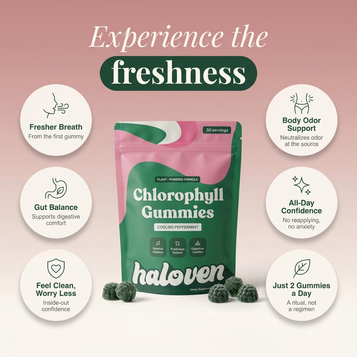 Haloven Gummies de Chlorophylle Menthe sur une surface en bois