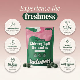 Haloven Gummies de Chlorophylle Menthe sur une surface en bois