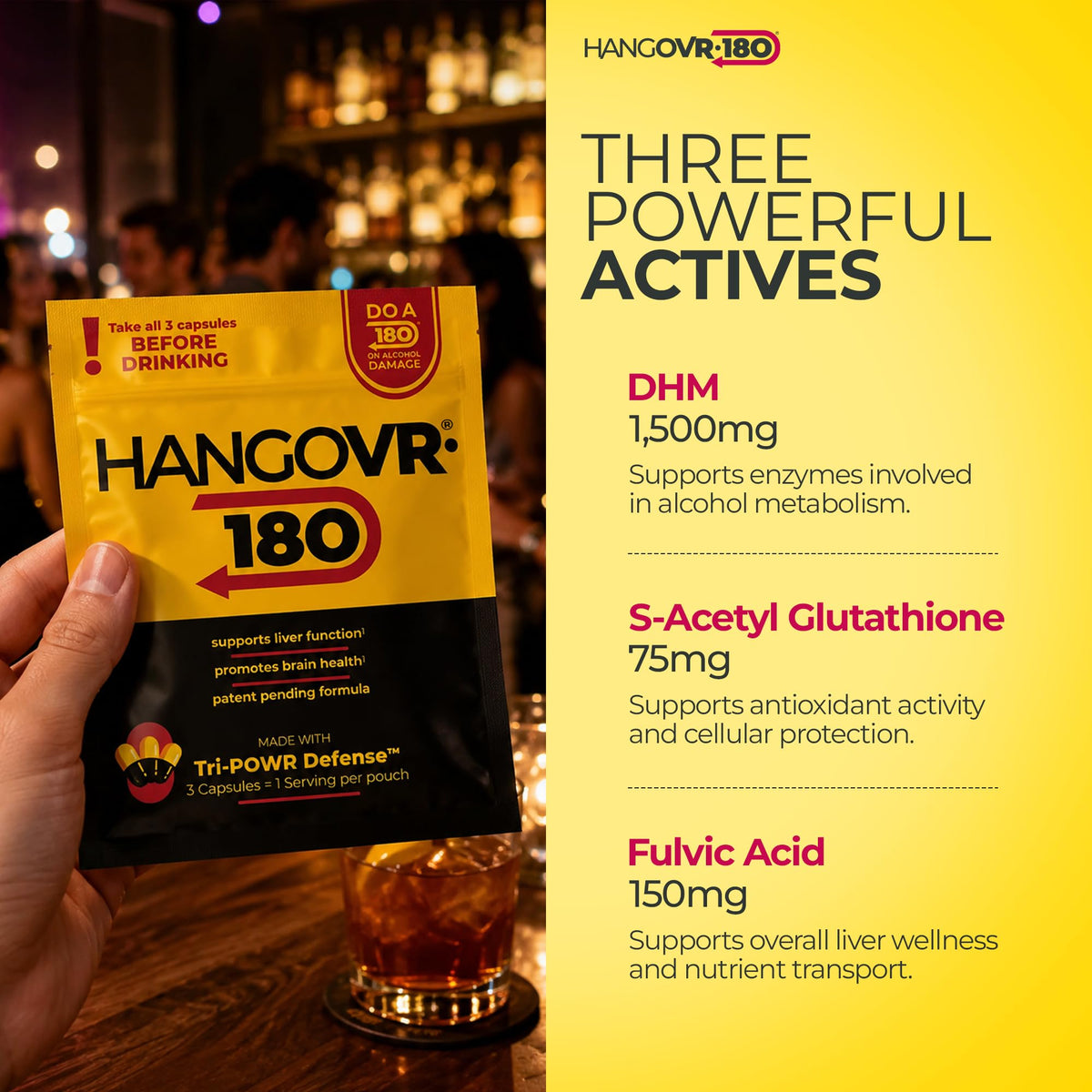 HANGOVR-180 Hangovr180® sachet avec une main pour montrer la taille