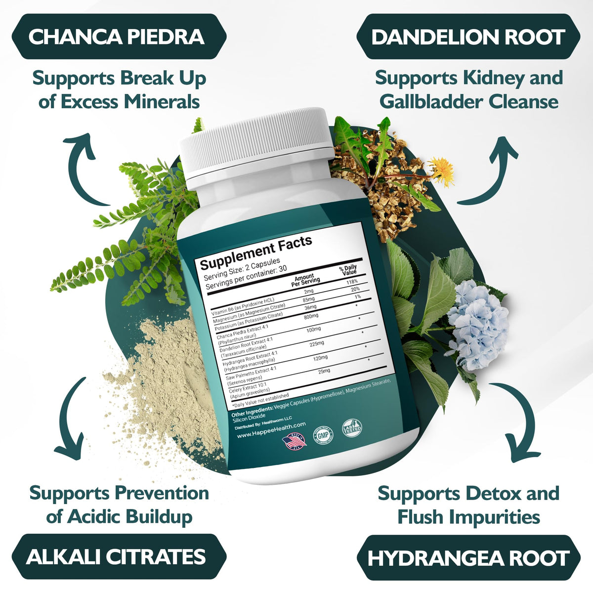 Happee Chanca Piedra 1 270 mg gélules sur un fond naturel