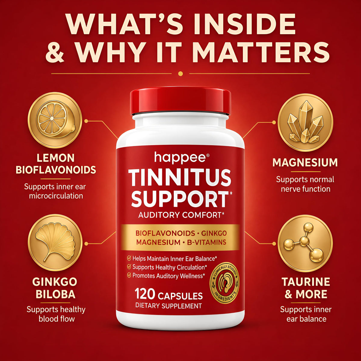 Happee Complément Alimentaire Tinnitus 120 Capsules arrière