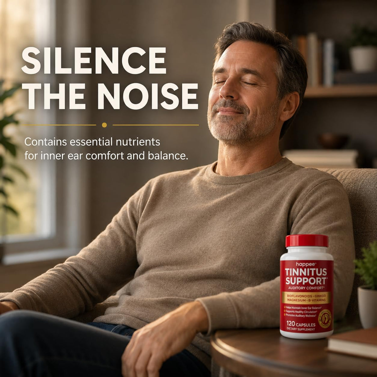 Happee Complément Alimentaire Tinnitus 120 Capsules sur une table
