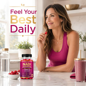 Happee Gummies NAD+ 1000mg 90 Ct gummies avec fruits en arrière-plan
