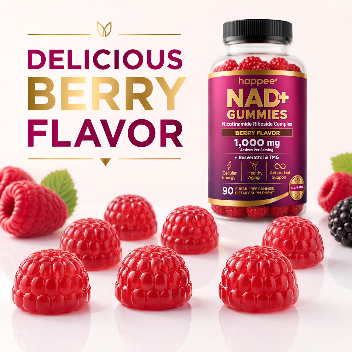 Happee Gummies NAD+ 1000mg 90 Ct gummies dans une main
