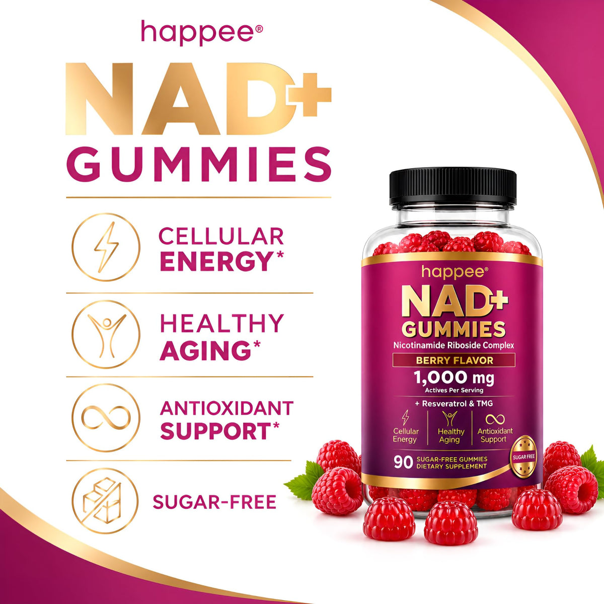 Happee Gummies NAD+ 1000mg 90 Ct gummies en gros plan
