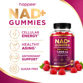 Happee Gummies NAD+ 1000mg 90 Ct gummies en gros plan