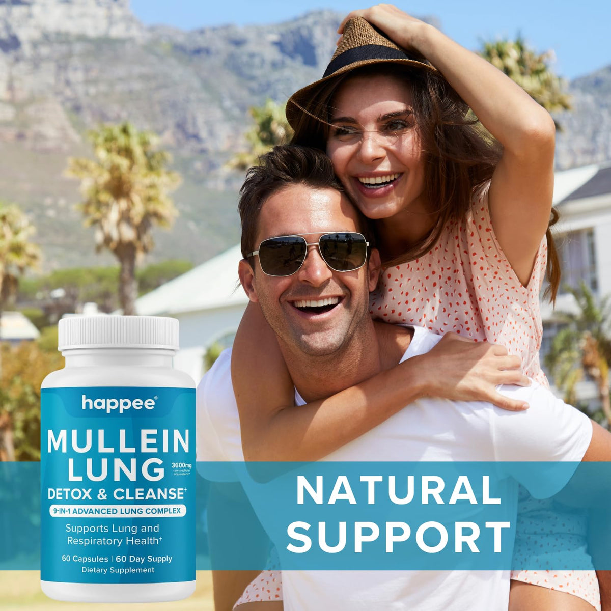 Happee Mullein complément alimentaire 9-en-1 capsules sur un fond neutre