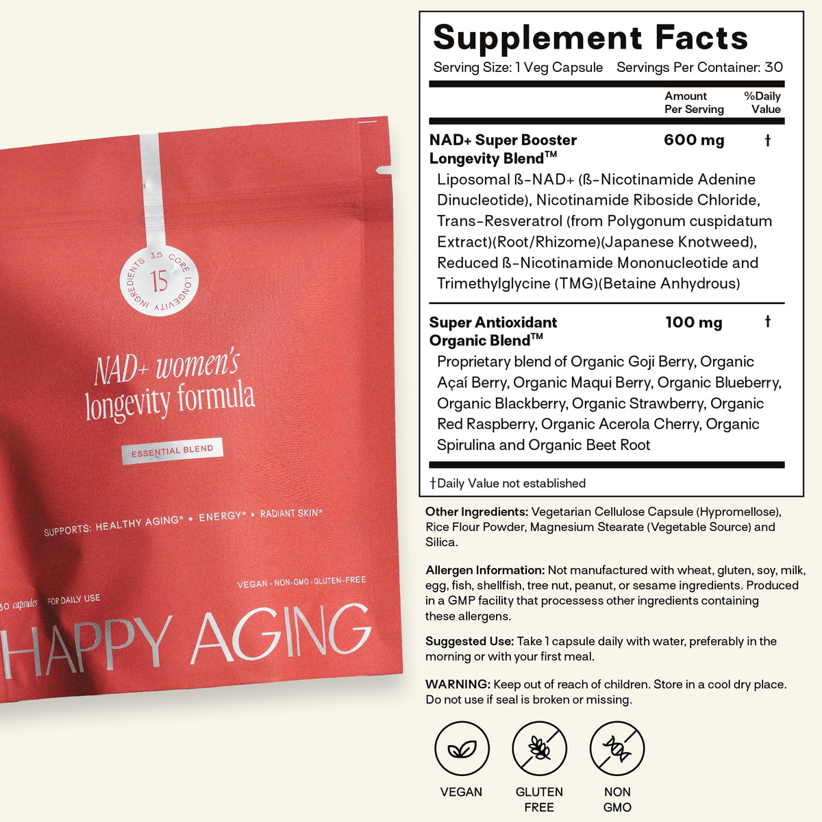 Happy Aging Complément Alimentaire 30 Capsules avec une main tenant le produit