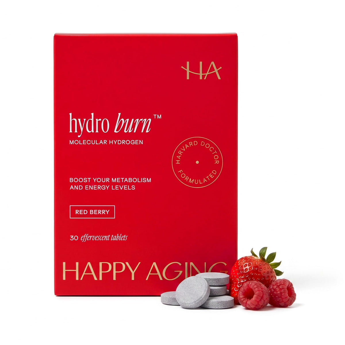 Happy Aging Tablettes d'Hydrogène Moléculaire H2 boîte avant avec 30 comprimés
