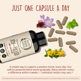 Happy Healthy Hippie Joy-Filled with Saffron 30mg capsules on a kitchen counter