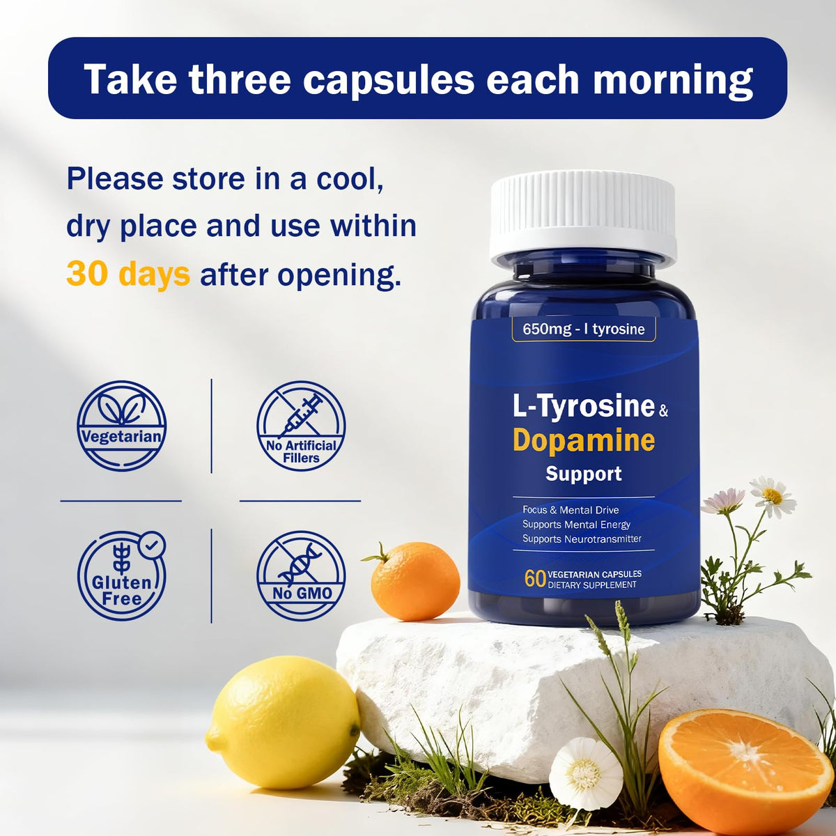 Happy Saffron Plus L-Tyrosine 650 mg sur une table