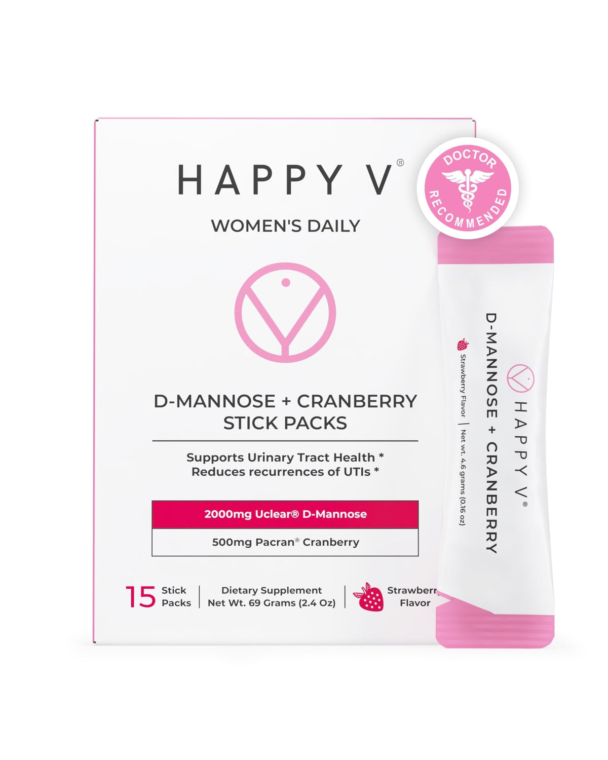 Happy V D-Mannose et Cranberry 15 stick packs, vue de face