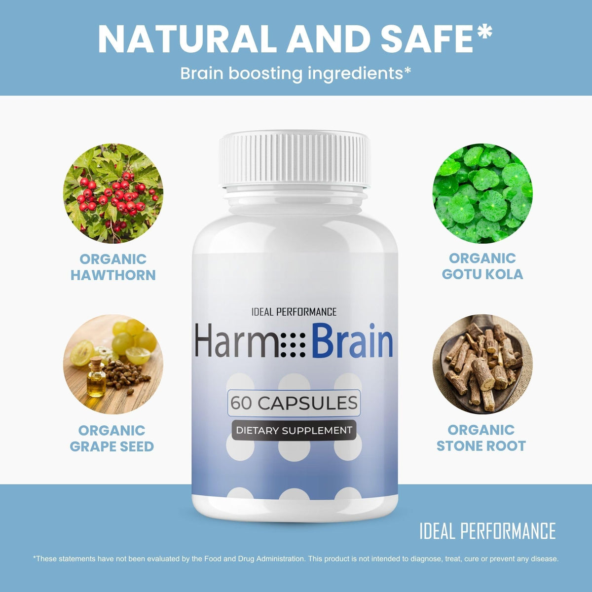 Harmobrain Capsules d'IDEAL PERFORMANCE, détails des ingrédients sur l'emballage