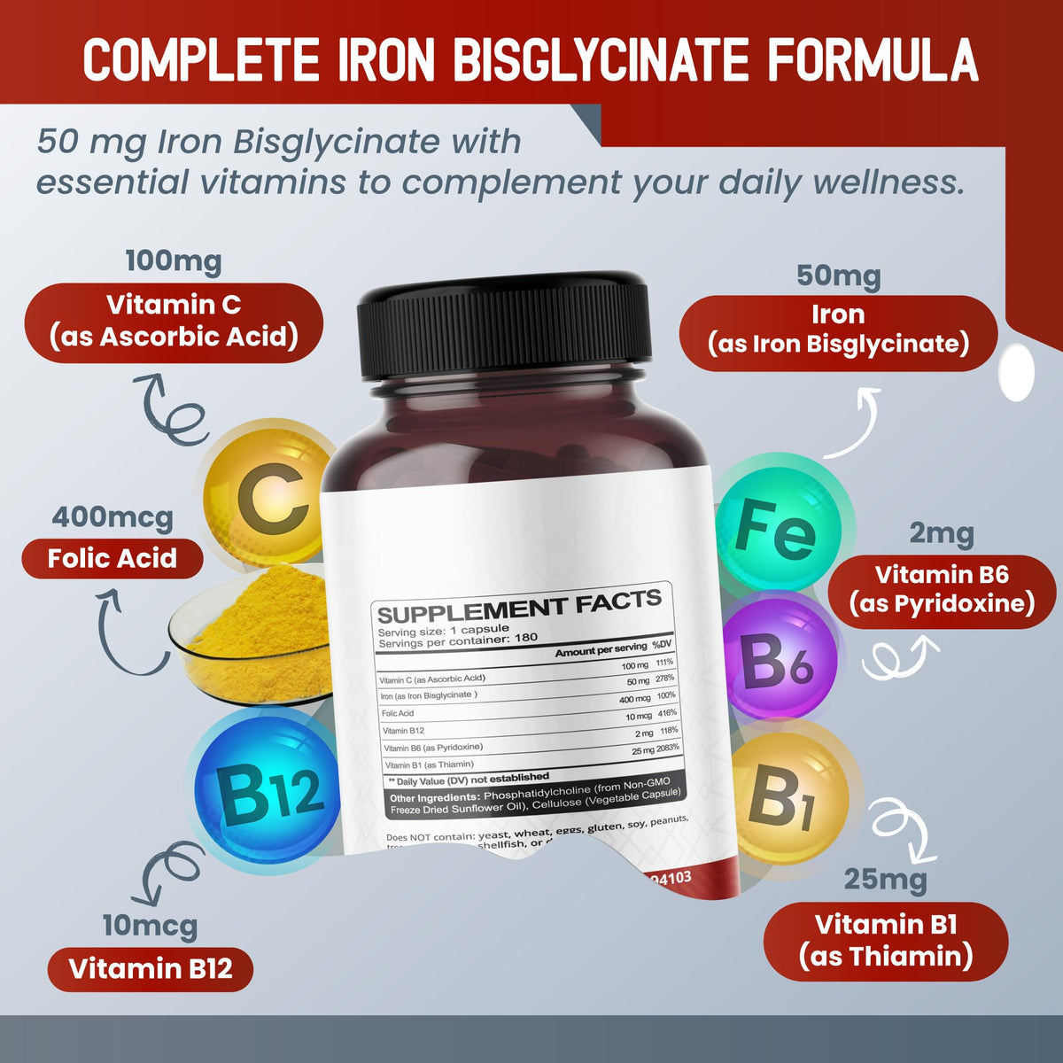 HarmoVira Fer Bisglycinate 50 mg capsules sur une table